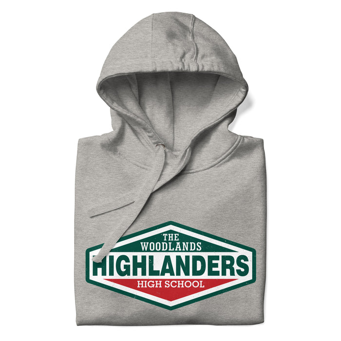 Neatly folded view of The Woodlands High School Highlanders Carbon Grey Premium Unisex Hoodie 009