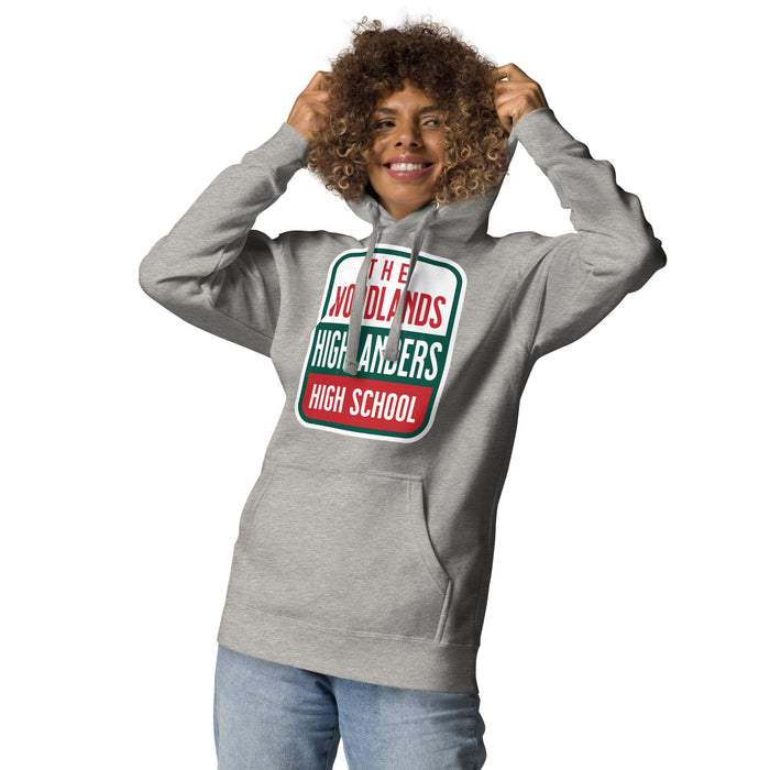 Woman wearing The Woodlands High School Highlanders Carbon Grey Premium Unisex Hoodie 001