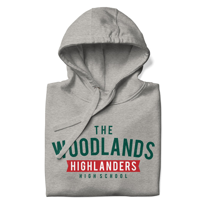 Neatly folded view of The Woodlands High School Highlanders Carbon Grey Premium Unisex Hoodie 021