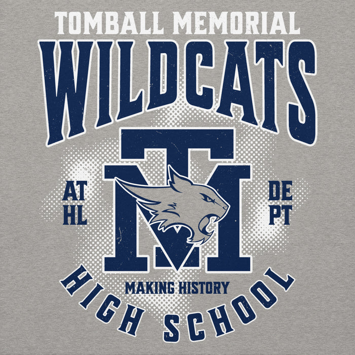 Close-up view of Tomball Memorial High School Wildcats Grey Premium Unisex Hoodie 213