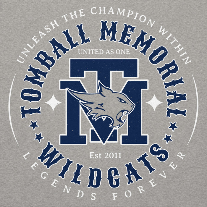 Close-up view of Tomball Memorial High School Wildcats Grey Premium Unisex Hoodie 214