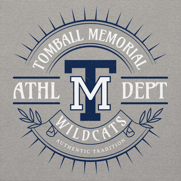 Close-up view of Tomball Memorial High School Wildcats Grey Premium Unisex Hoodie 201