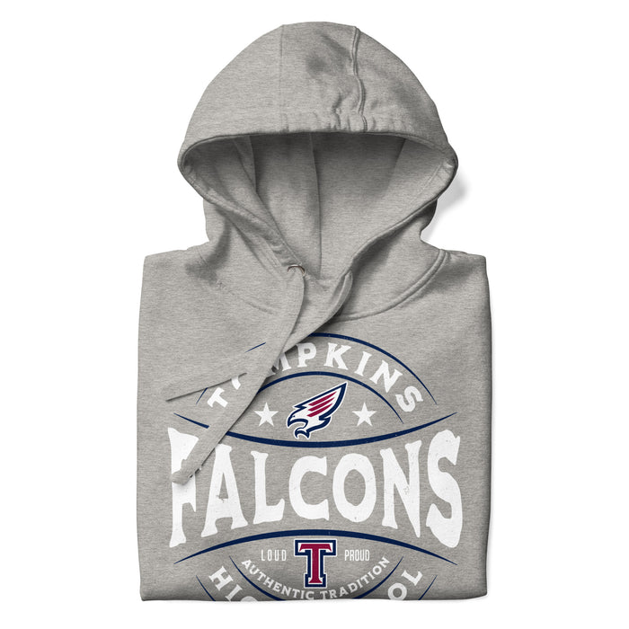 Neatly folded view of Tompkins High School Falcons Grey Premium Unisex Hoodie 218