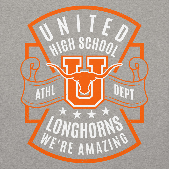 Close-up view of United High School Longhorns Grey Premium Unisex Hoodie 207