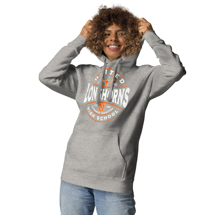 Woman wearing United High School Longhorns Grey Premium Unisex Hoodie 218