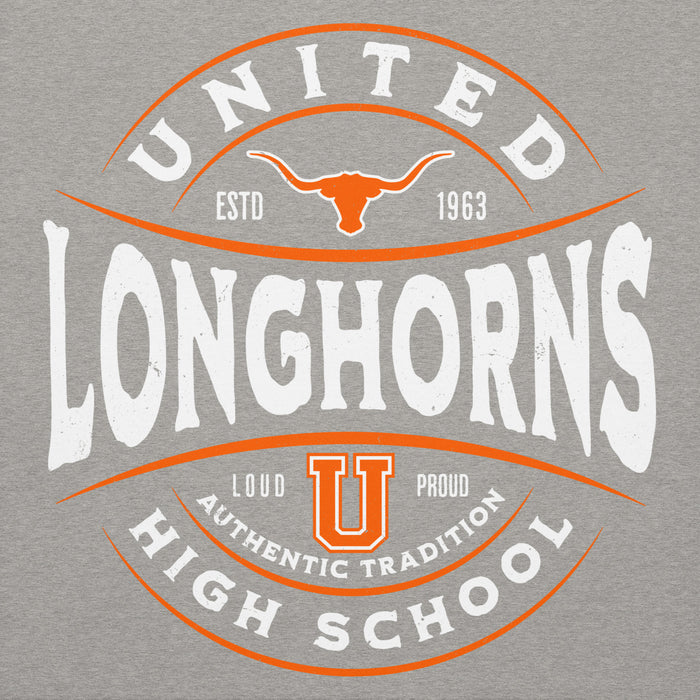 Close-up view of United High School Longhorns Grey Premium Unisex Hoodie 218