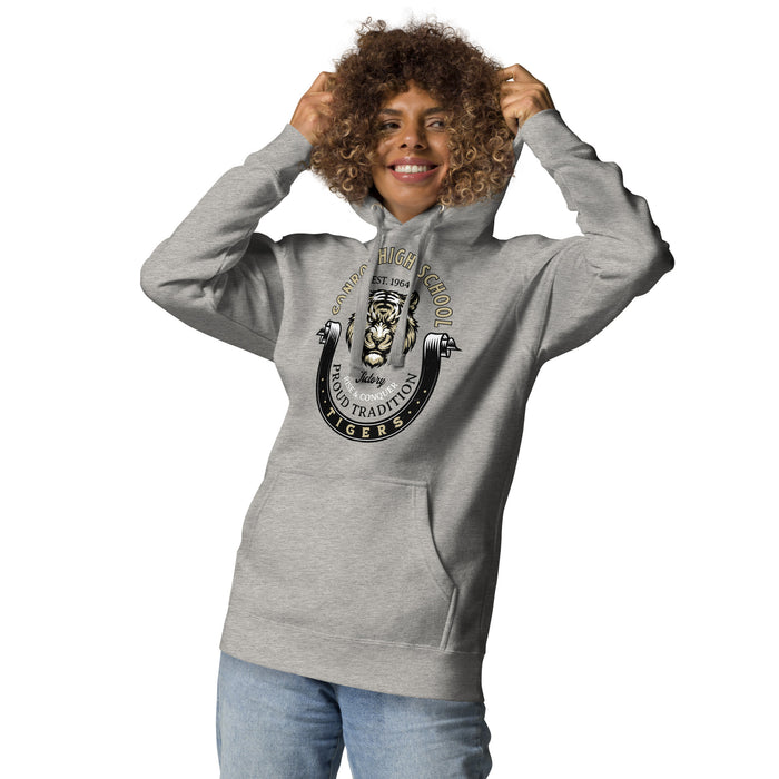 Woman wearing Conroe High School Tigers Carbon Grey Premium Unisex Hoodie 229