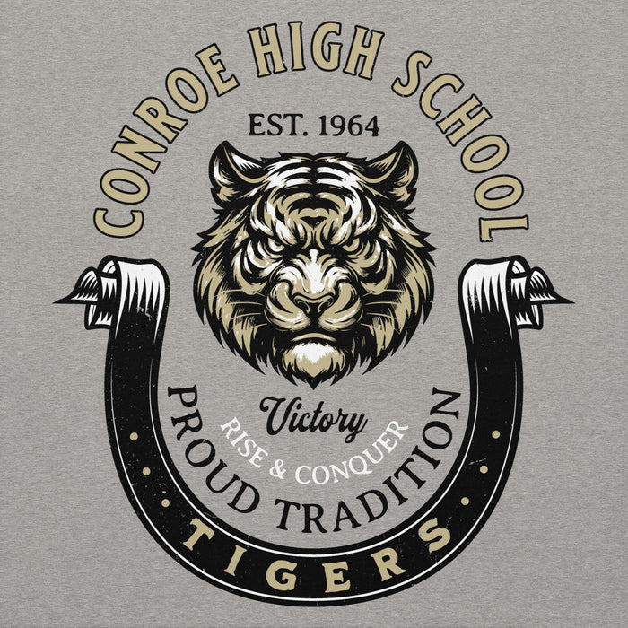 Close-up view of Conroe High School Tigers Carbon Grey Premium Unisex Hoodie 229