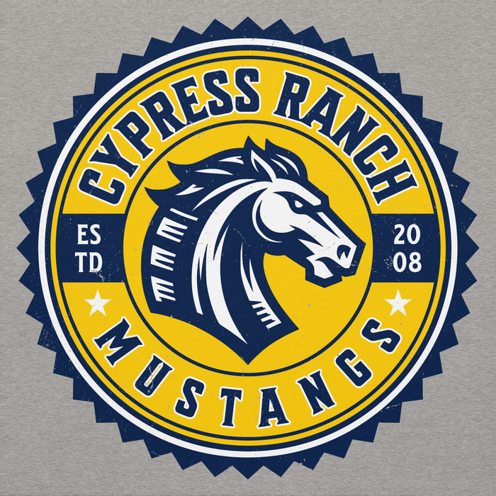 Close-up view of Cypress Ranch High School Mustangs Heather Grey Premium Unisex Hoodie 203