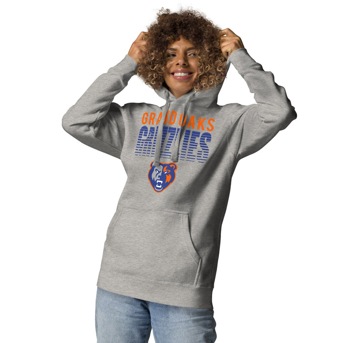 Woman wearing Grand Oaks High School Grizzlies Carbon Grey Premium Unisex Hoodie 024