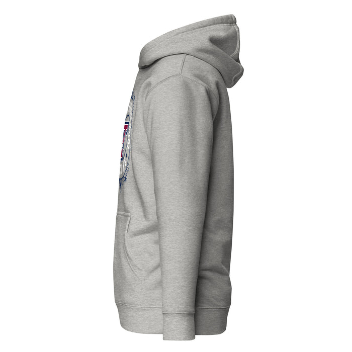 Left side view of Tompkins High School Falcons Grey Premium Unisex Hoodie 227