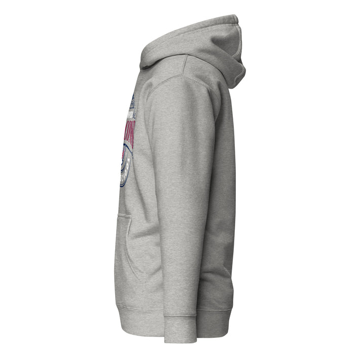 Left side view of Tompkins High School Falcons Grey Premium Unisex Hoodie 211