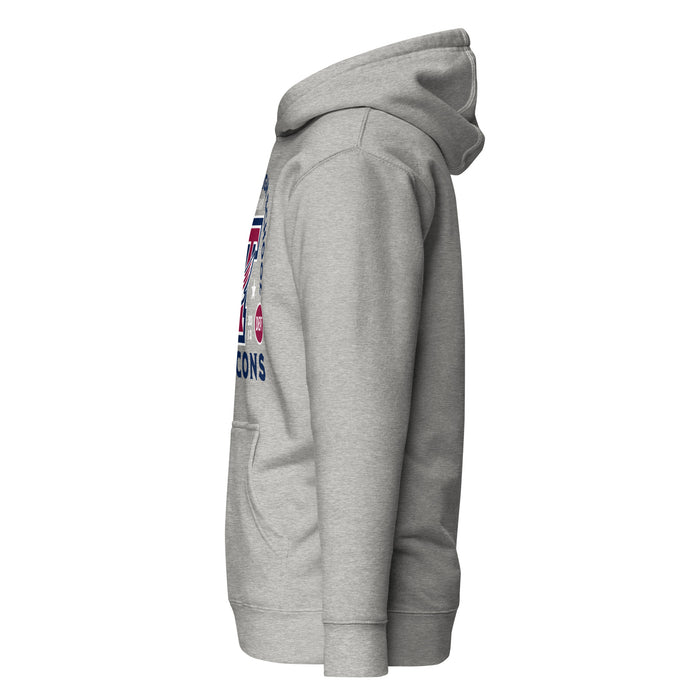 Left side view of Tompkins High School Falcons Grey Premium Unisex Hoodie 208