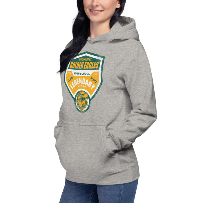 Woman wearing a Klein Forest High School Premium Unisex Carbon Grey Hoodie 14