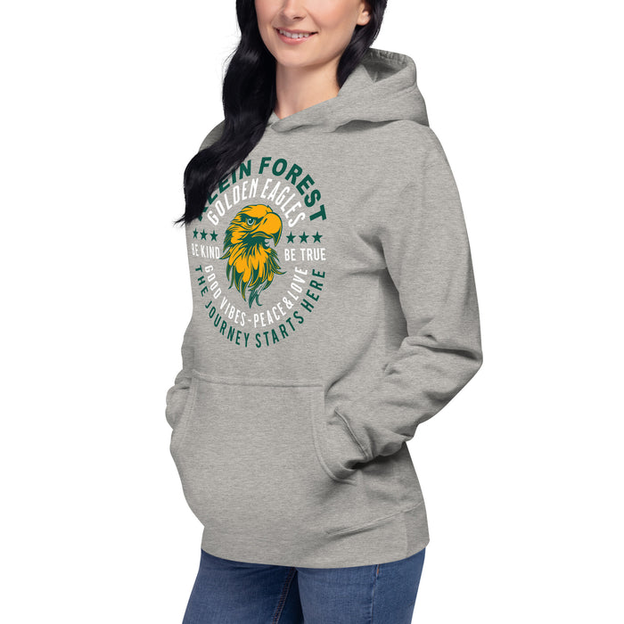 Woman wearing a Klein Forest High School Premium Unisex Carbon Grey Hoodie 16