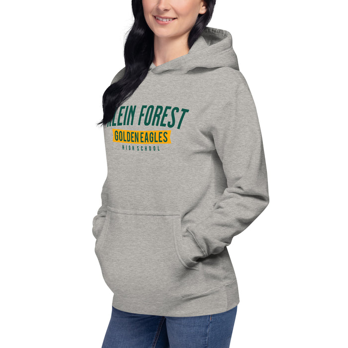 Woman wearing a Klein Forest High School Premium Unisex Carbon Grey Hoodie 21