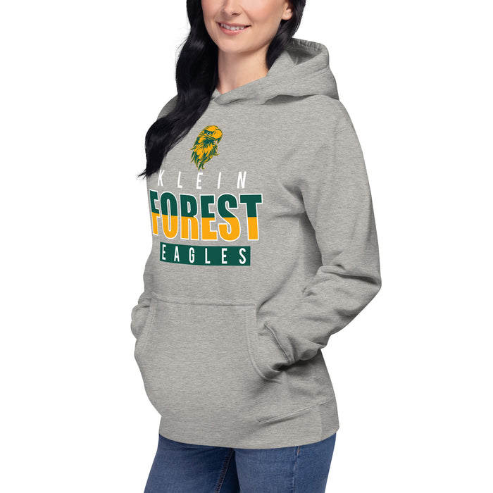 Woman wearing a Klein Forest High School Premium Unisex Carbon Grey Hoodie 23