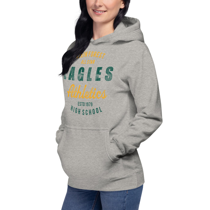 Woman wearing a Klein Forest High School Premium Unisex Carbon Grey Hoodie 34