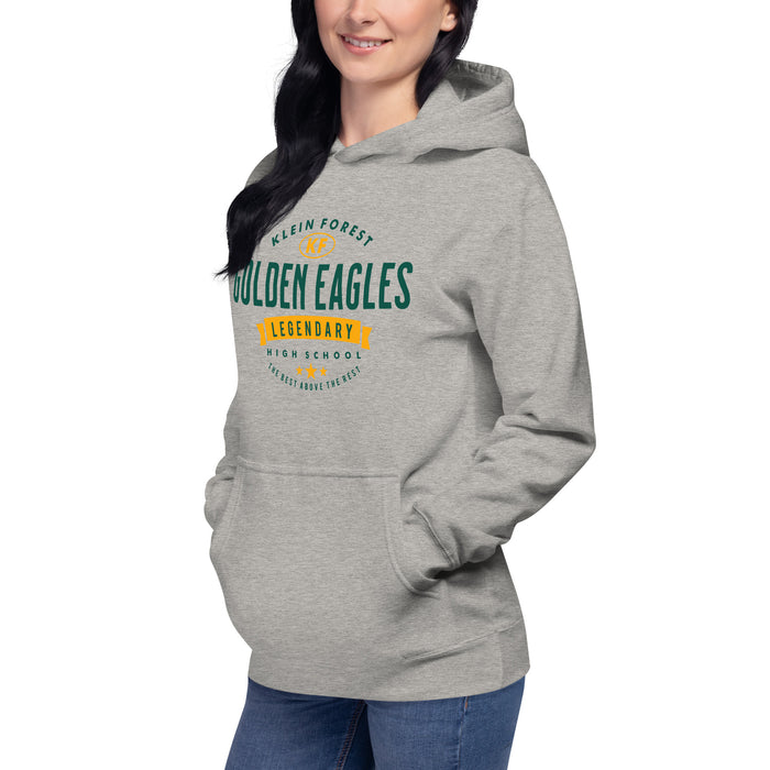 Woman wearing a Klein Forest High School Premium Unisex Carbon Grey Hoodie 44