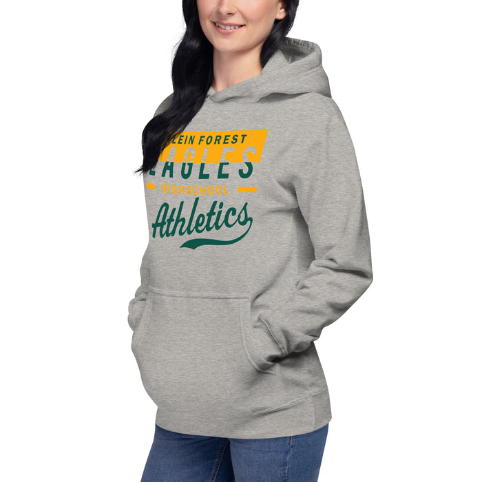 Woman wearing a Klein Forest High School Premium Unisex Carbon Grey Hoodie 48