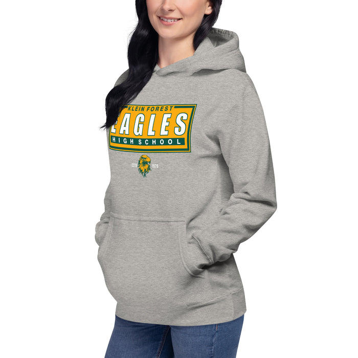 Woman wearing a Klein Forest High School Premium Unisex Carbon Grey Hoodie 49