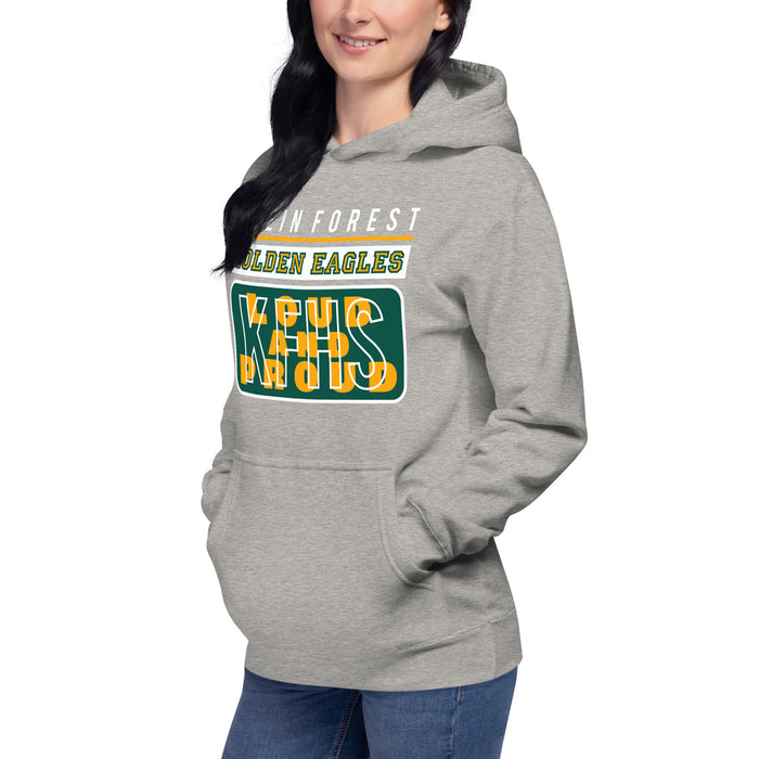 Woman wearing a Klein Forest High School Premium Unisex Carbon Grey Hoodie 86