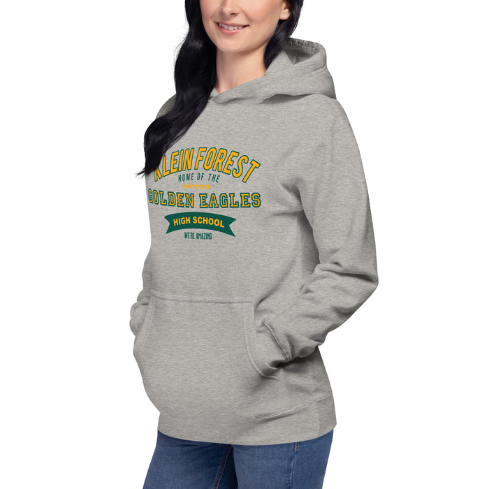 Woman wearing a Klein Forest High School Premium Unisex Carbon Grey Hoodie 96