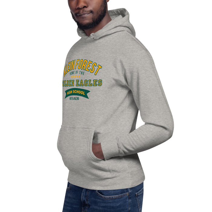 Man wearing a Klein Forest High School Premium Unisex Carbon Grey Hoodie 96