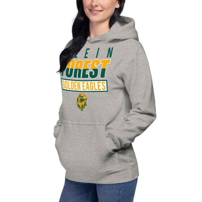 Woman wearing a Klein Forest High School Premium Unisex Carbon Grey Hoodie 29