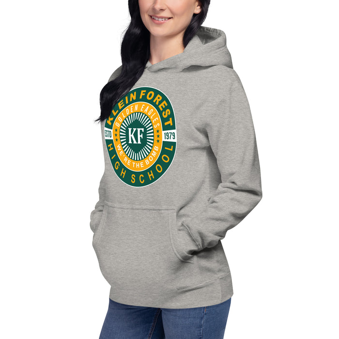 Woman wearing a Klein Forest High School Premium Unisex Carbon Grey Hoodie 30