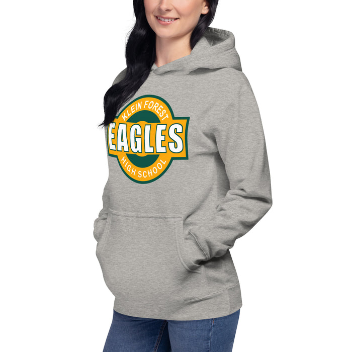 Woman wearing a Klein Forest High School Premium Unisex Carbon Grey Hoodie 11