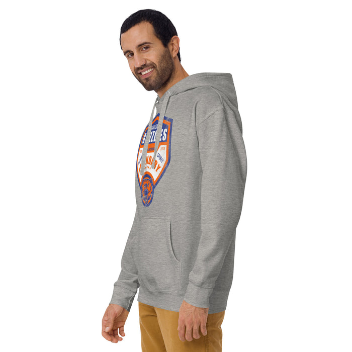 Man wearing a Grand Oaks High School Grizzlies Carbon Grey Premium Hoodie 14