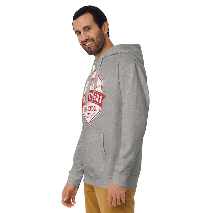 Man wearing a Katy High School Tigers Carbon Grey Premium Unisex Hoodie 205