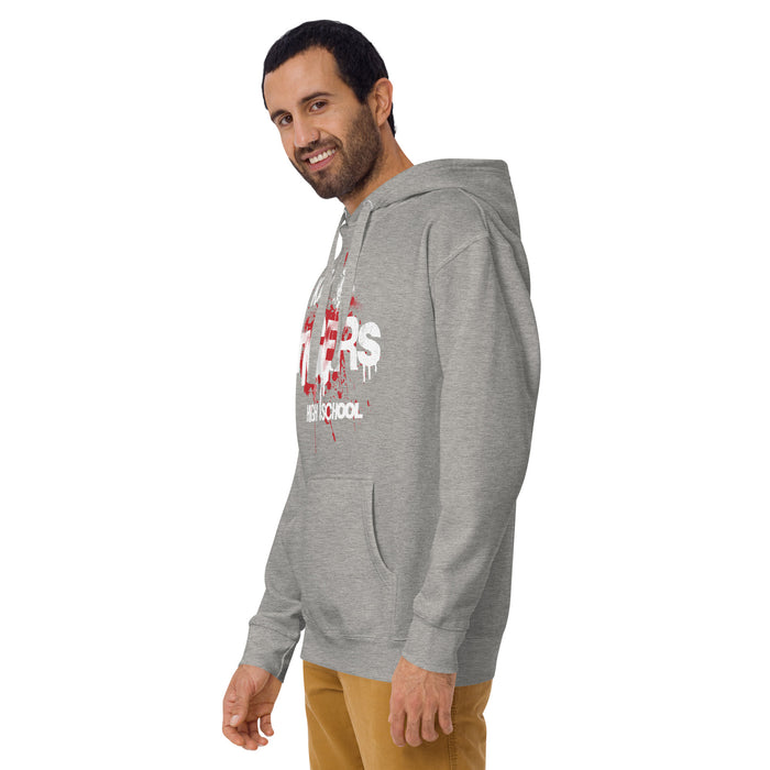 Man wearing a Katy High School Tigers Carbon Grey Premium Unisex Hoodie 215