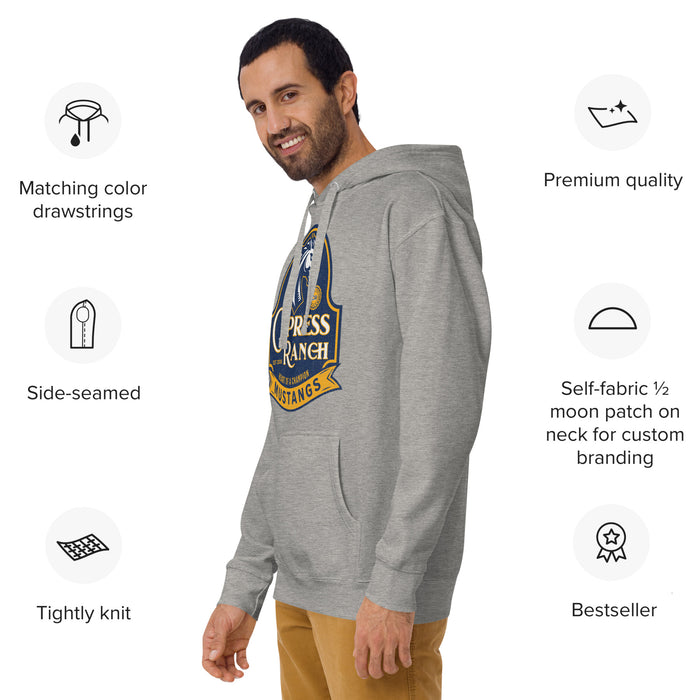 Man wearing Cypress Ranch High School Mustangs Carbon Grey Premium Unisex Hoodie 220