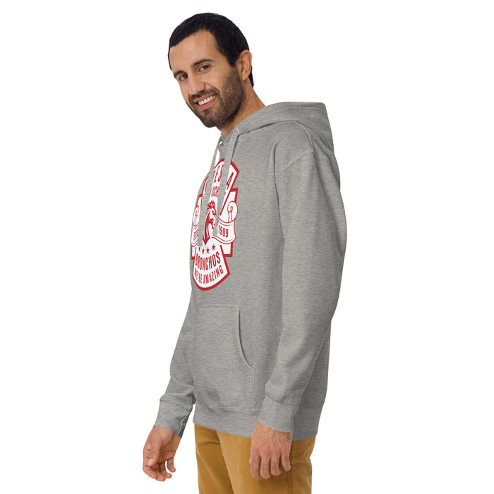 Man wearing Odessa High School Bronchos Grey Premium Unisex Hoodie 207