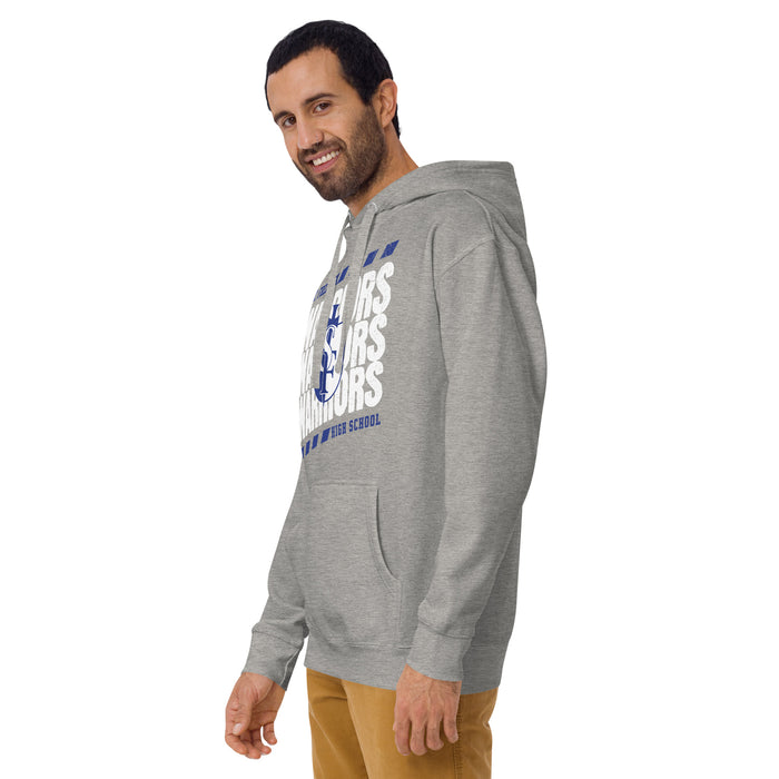 Man wearing St. Frederick High School Warriors Grey Premium Unisex Hoodie 223