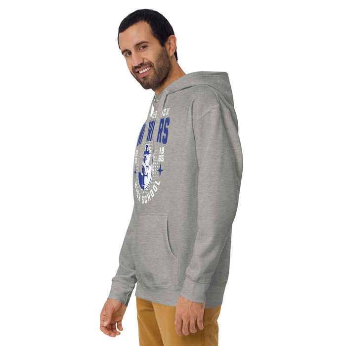 Man wearing St. Frederick High School Warriors Grey Premium Unisex Hoodie 204