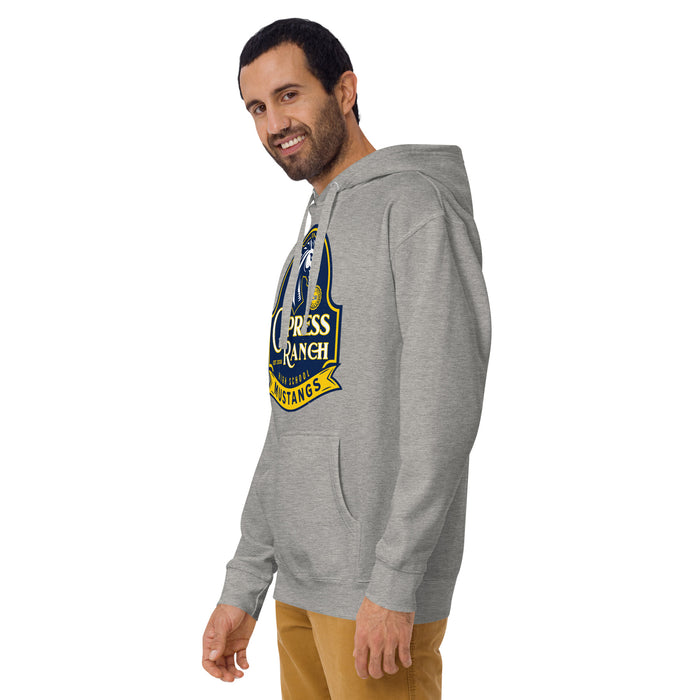 Man wearing Cypress Ranch High School Mustangs Heather Grey Premium Unisex Hoodie 219