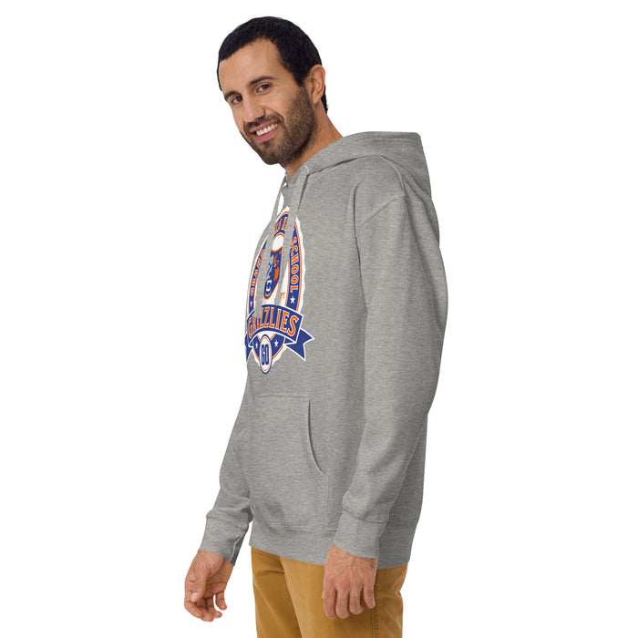 Man wearing Grand Oaks High School Grizzlies Carbon Grey Premium Unisex Hoodie 212