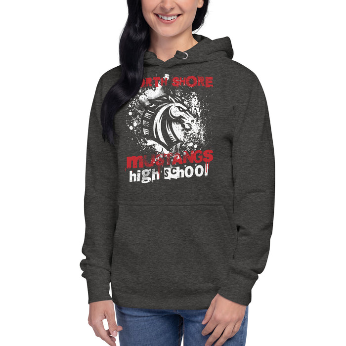 Woman wearing North Shore High School Mustangs Dark Grey Premium Unisex Hoodie 205