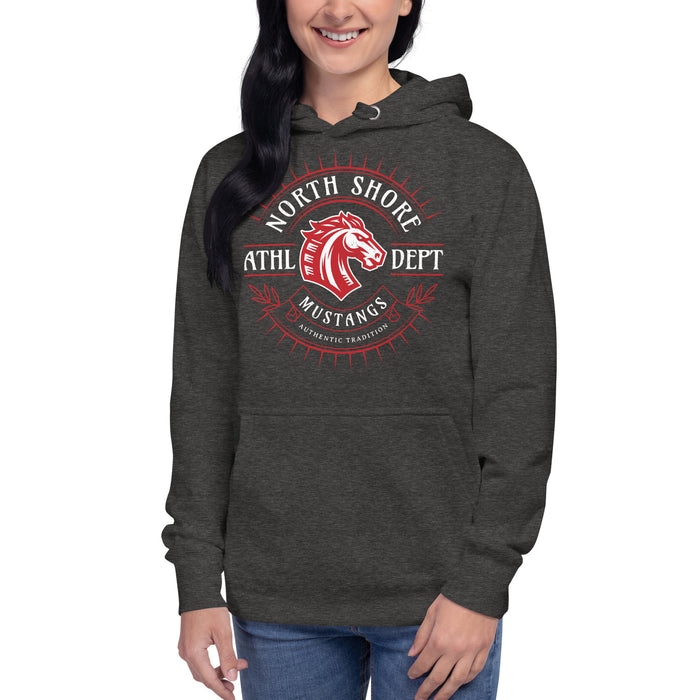 Woman wearing North Shore High School Mustangs Dark Grey Premium Unisex Hoodie 201