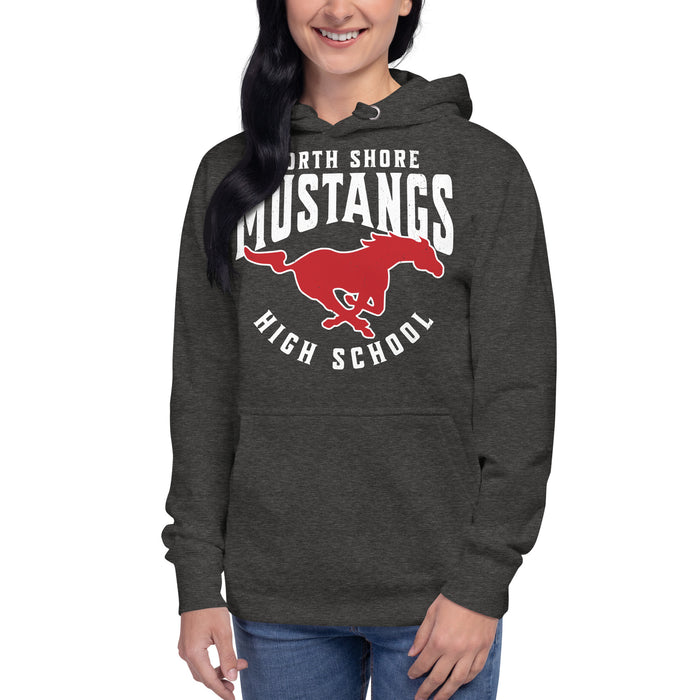 Woman wearing North Shore High School Mustangs Dark Grey Premium Unisex Hoodie 213