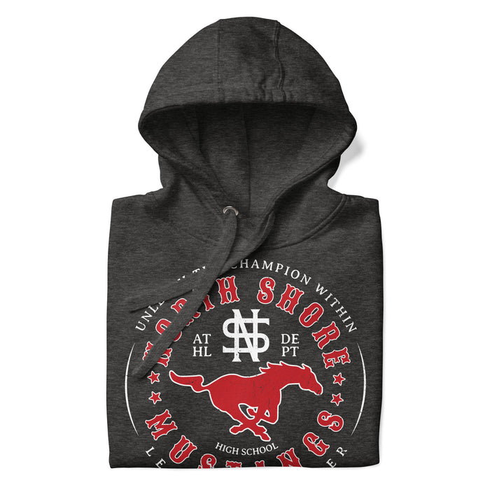 Neatly folded North Shore High School Mustangs Dark Grey Premium Unisex Hoodie 214