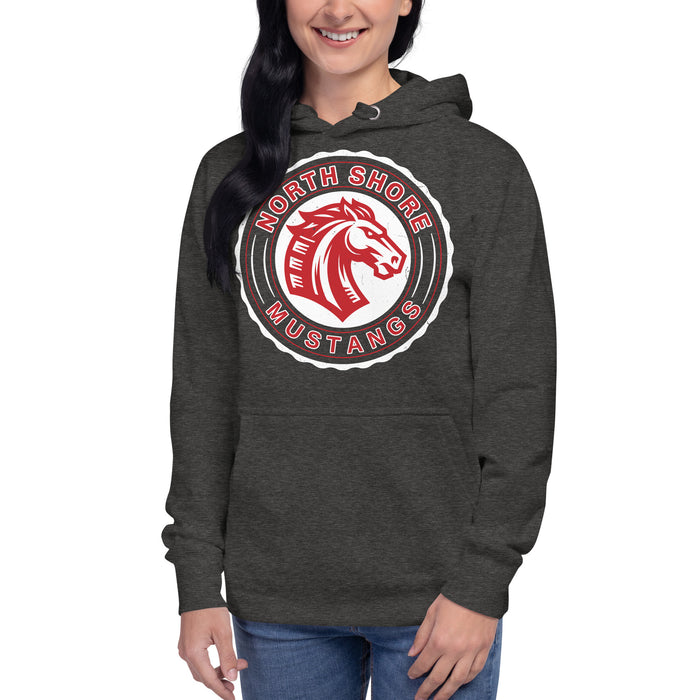 Woman wearing North Shore High School Mustangs Dark Grey Premium Unisex Hoodie 216