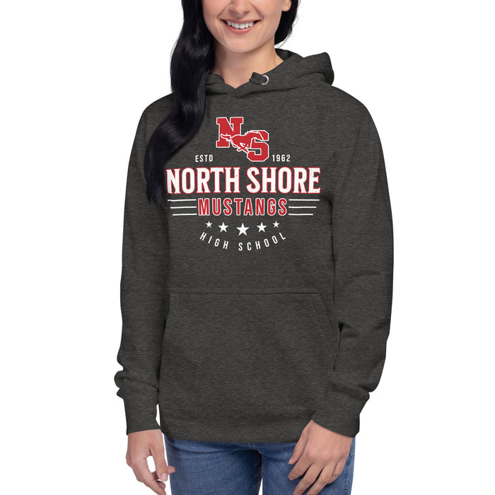 Woman wearing North Shore High School Mustangs Dark Grey Premium Unisex Hoodie 217