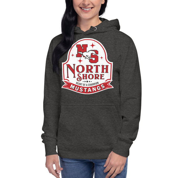 Woman wearing North Shore High School Mustangs Dark Grey Premium Unisex Hoodie 219