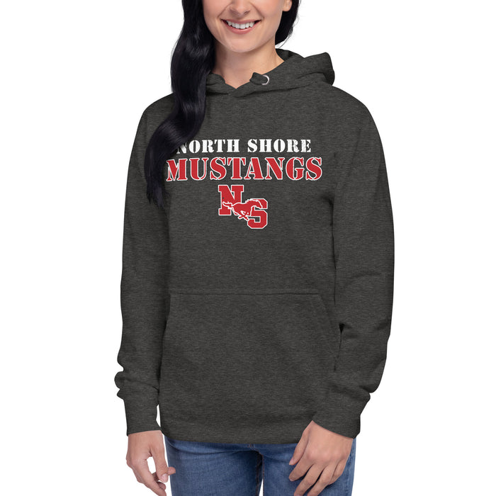 Woman wearing North Shore High School Mustangs Dark Grey Premium Unisex Hoodie 222