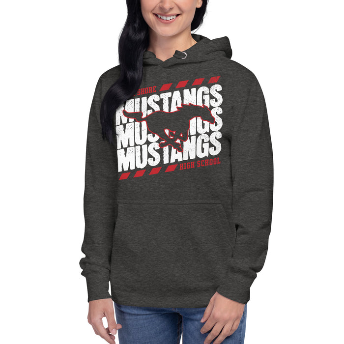 Woman wearing North Shore High School Mustangs Dark Grey Premium Unisex Hoodie 223