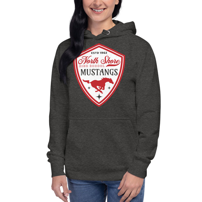 Woman wearing North Shore High School Mustangs Dark Grey Premium Unisex Hoodie 225